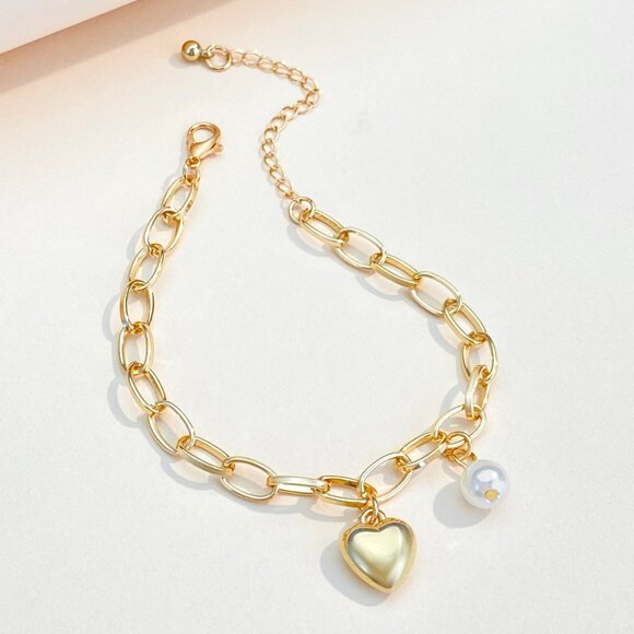 3/$35 Gold Plated Heart Charm Bracelet with Pearl Dainty Chain Link Jewelry - Picture 5 of 6
